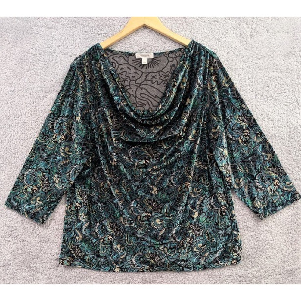Dress Barn Tunic Women's 2X Green‎ Velvet Burnout Cowl Neck Metallic Whimsigoth